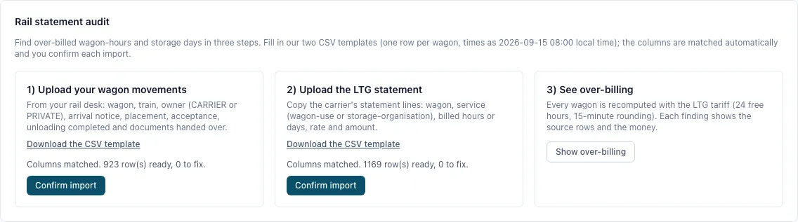 Rail statement audit: both CSV files uploaded and matched