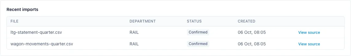 Recent imports list with department, status and a link to each source file