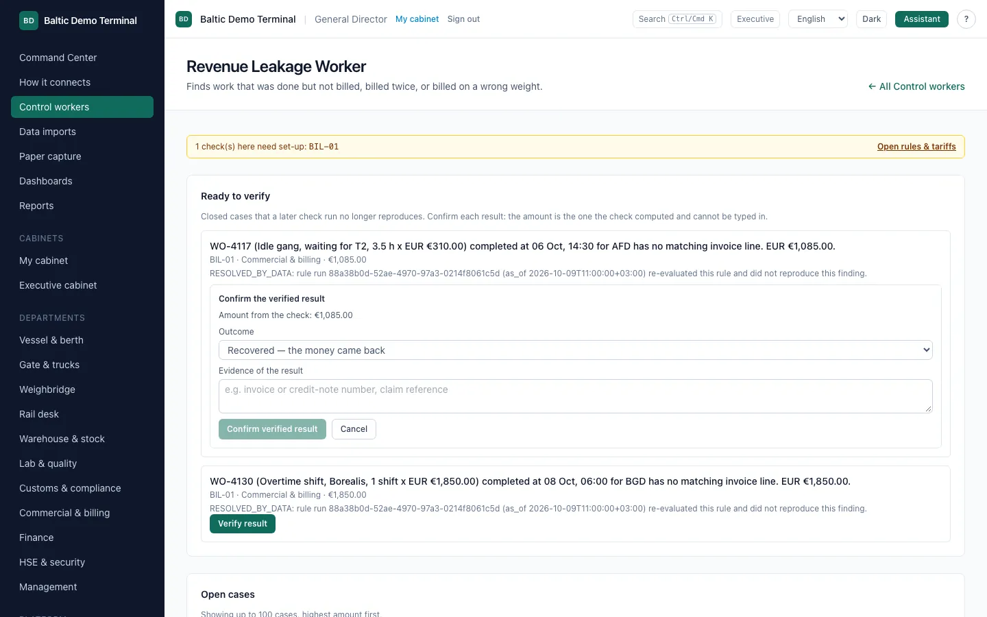 Verify result form on the control worker page