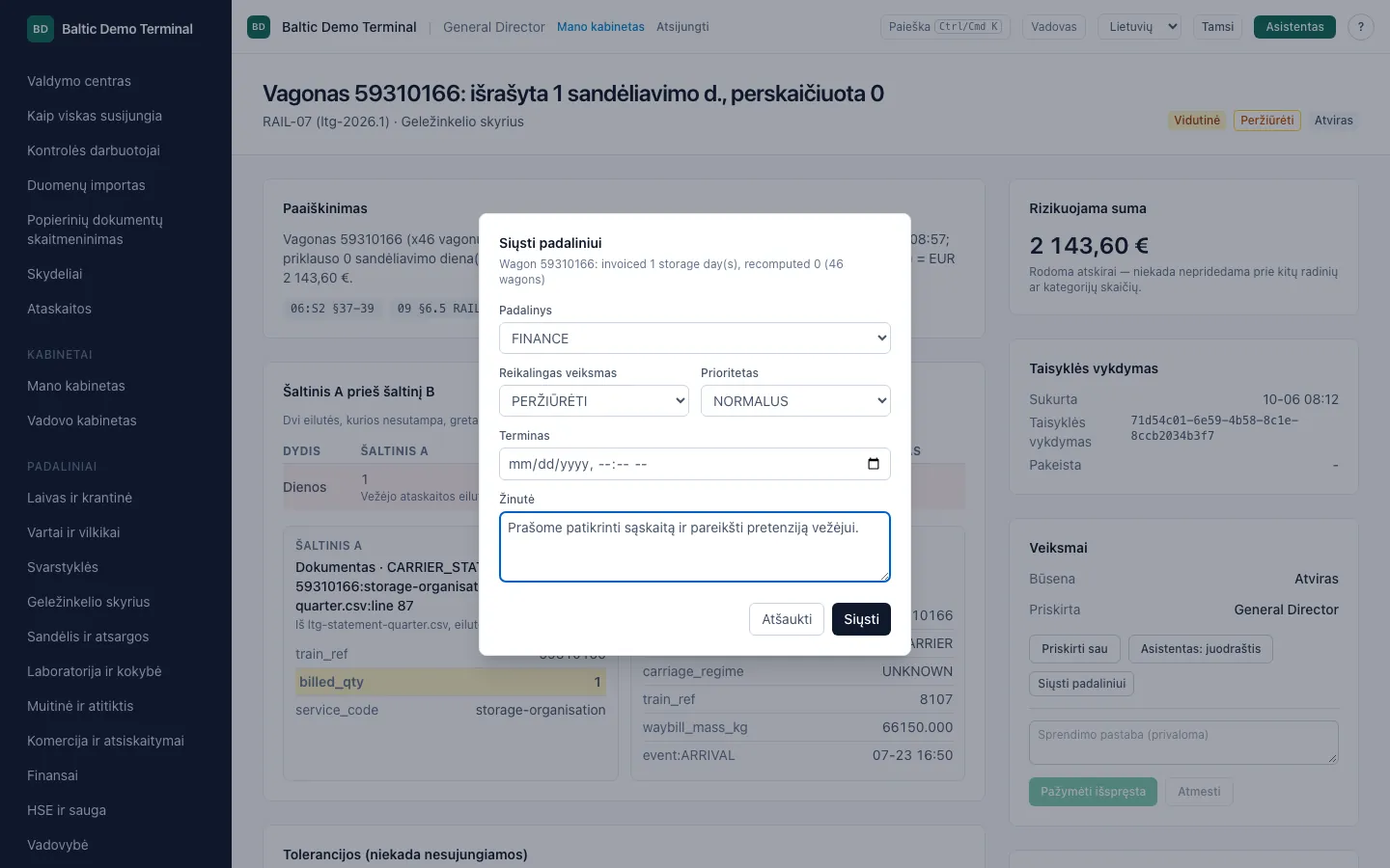 Dialogas „Siųsti į skyrių“